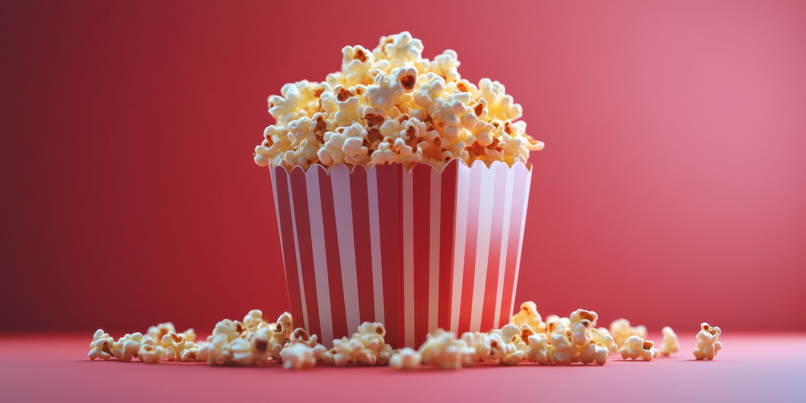 Bowl of freshly popped popcorn with scattered kernels on a vibrant red background